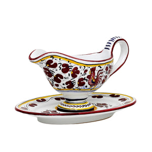 ORVIETO RED ROOSTER: Gravy Sauce Boat with Tray