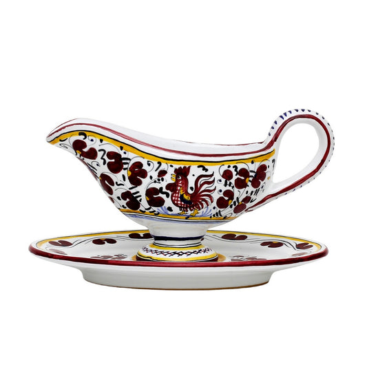 ORVIETO RED ROOSTER: Gravy Sauce Boat with Tray