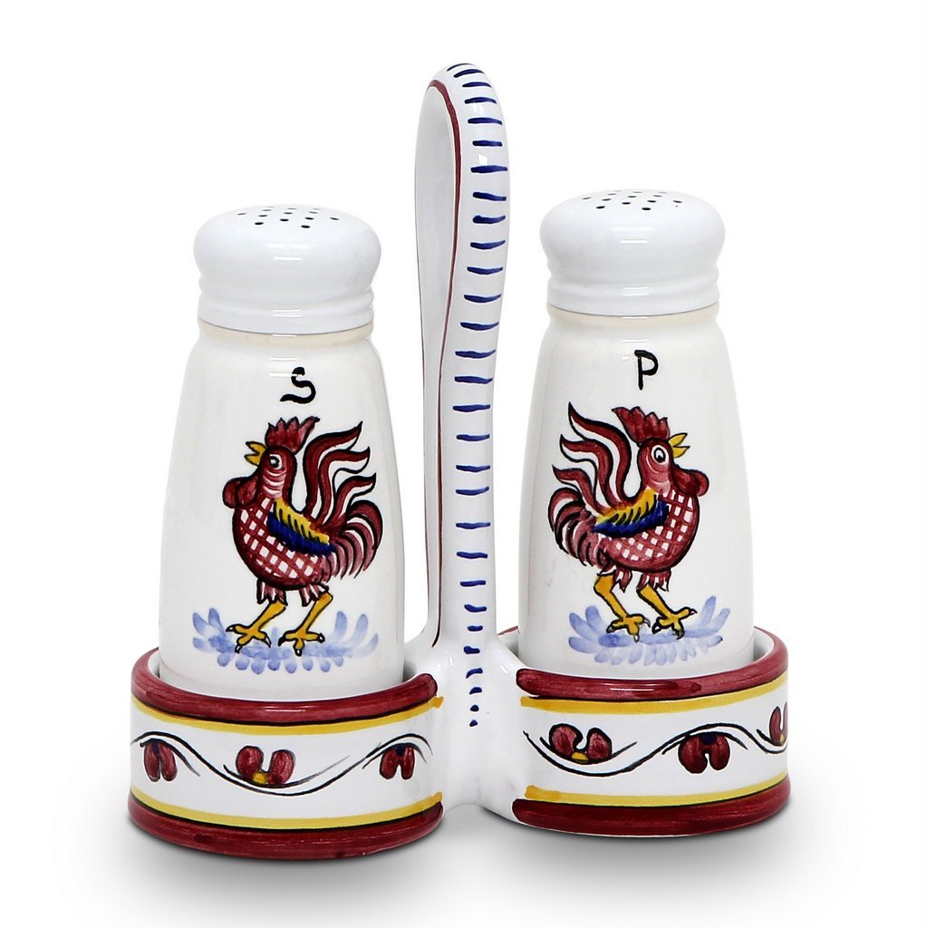 ORVIETO RED ROOSTER: Salt and Pepper Cruet - DERUTA OF ITALY