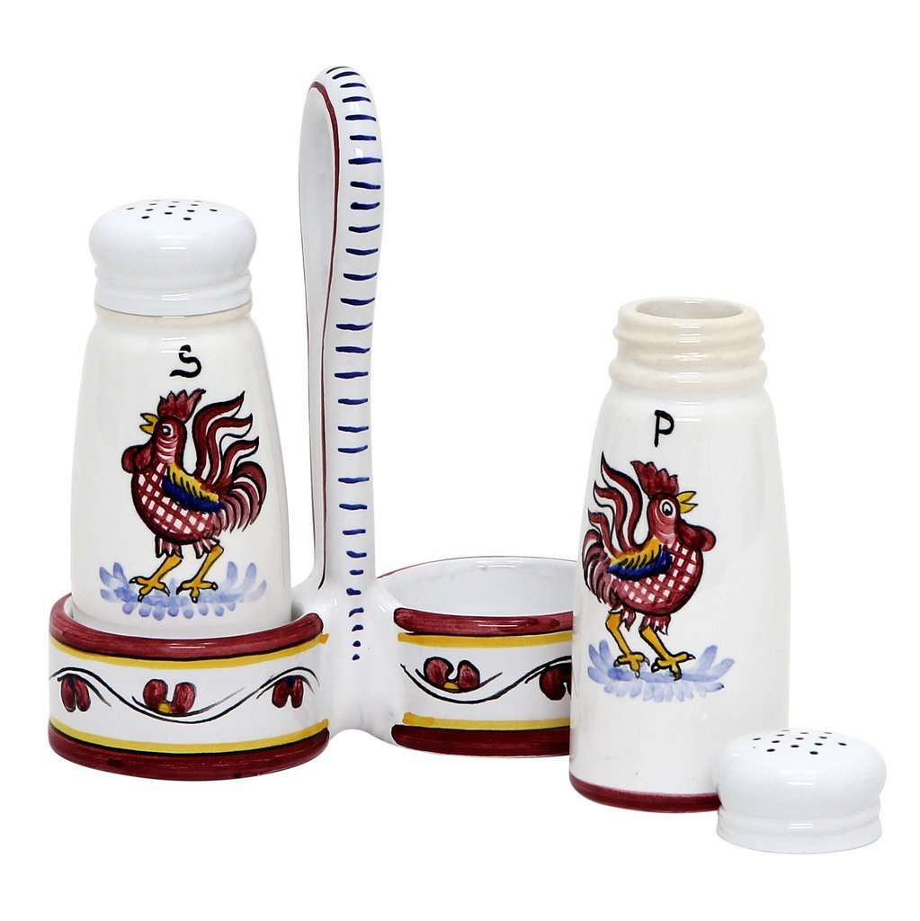 ORVIETO RED ROOSTER: Salt and Pepper Cruet - DERUTA OF ITALY