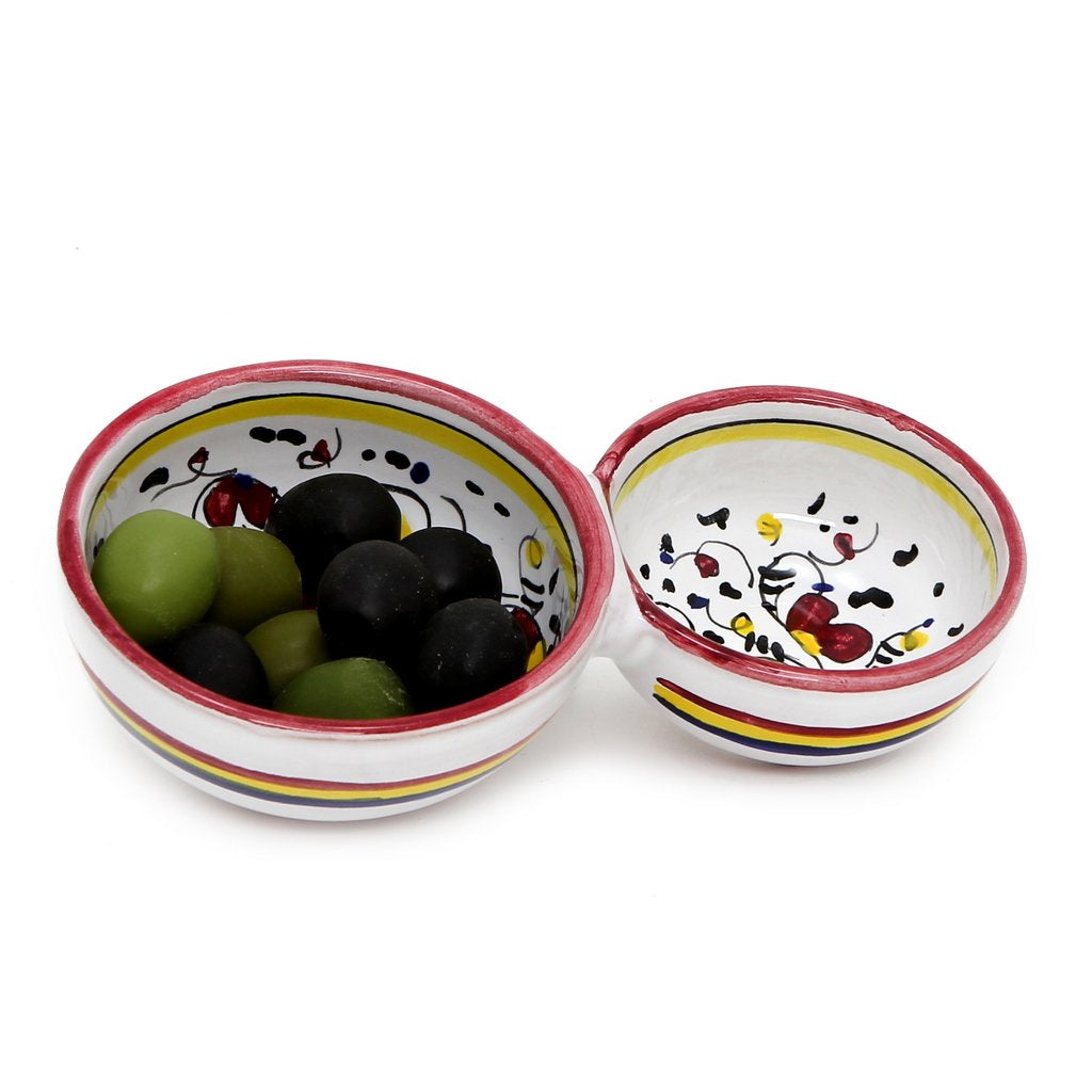 ORVIETO RED ROOSTER: Olive Dish Bowl - Relish and Condiments divided bowl - DERUTA OF ITALY