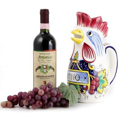 IN VINO VERITAS: Traditional Italian Rooster of Fortune Wine Pitcher (1.5 Liter 50 Oz) - DERUTA OF ITALY