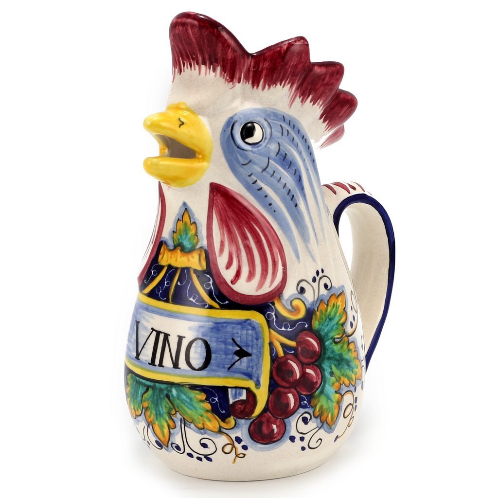 IN VINO VERITAS: Traditional Italian Rooster of Fortune Wine Pitcher (1.5 Liter 50 Oz) - DERUTA OF ITALY